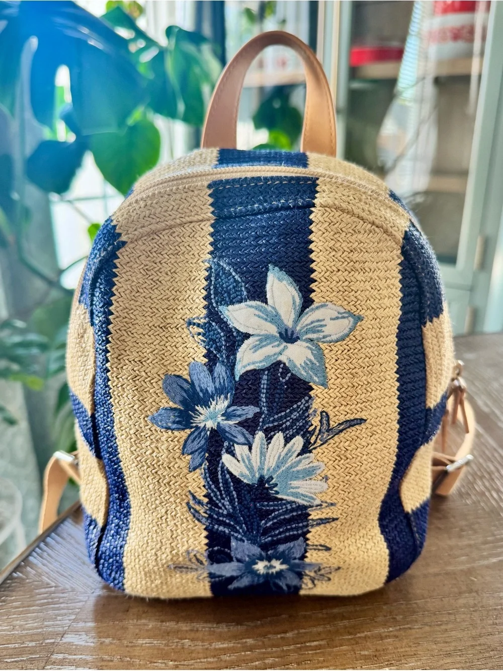 Vera Bradley Navy Strip Mini Straw Backpack Floral Flamingo Print Tropical Bag